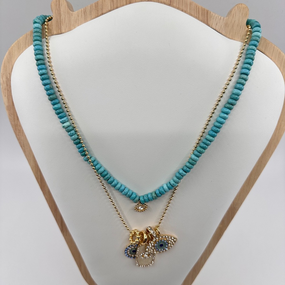 Turquoise & Gold Tone Beaded Evil Eye Layered Necklace Rhinestone Bohemian Gift - Picture 6 of 17